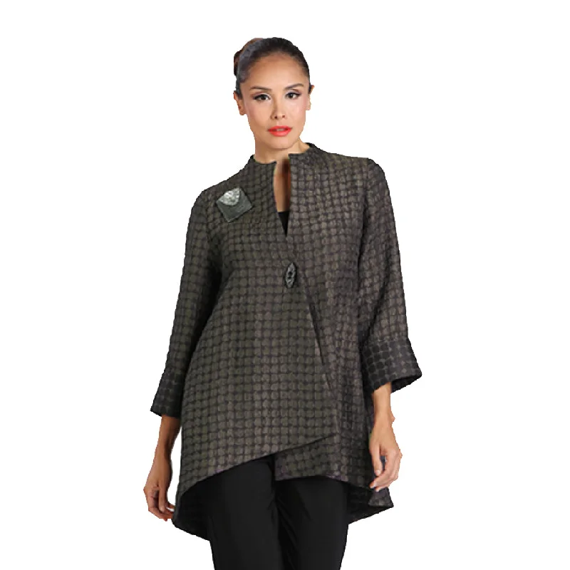 IC Collection Two Tone Dot-Print Asymmetric Jacket in Taupe/Black - 2082J-TPE - Size L Only