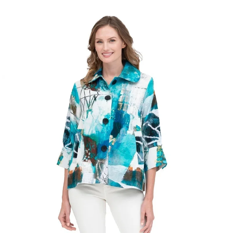 Damee Peter Pan-Collar Absract Art-Print Jacket in Turq/Multi- 4877