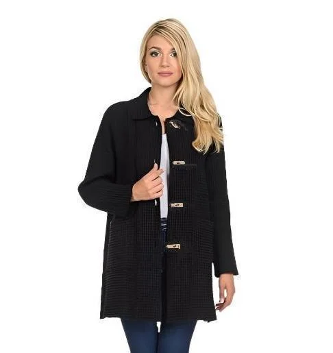 Focus Long Button Up Waffle Jacket in Black - BW-111-BLK - Sizes M & L