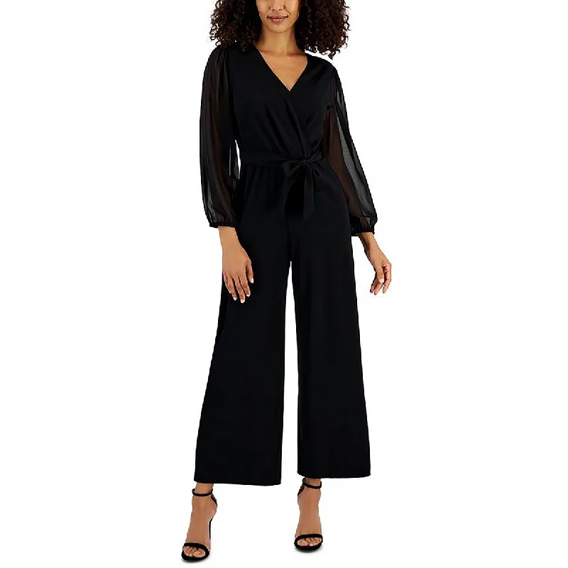 Petites Womens Tie-Wiast Wide Leg Jumpsuit