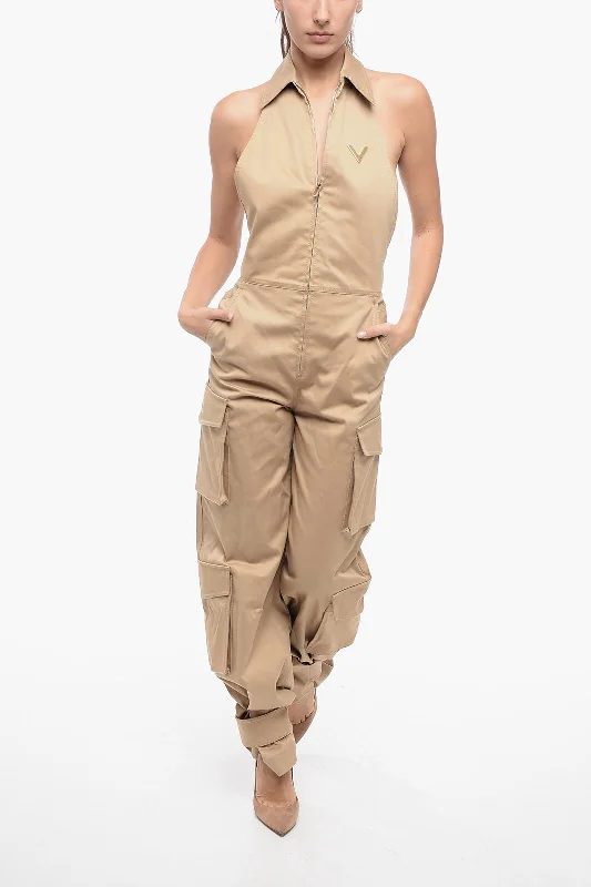 Valentino Open-Back Cargo Jumpsuit With Applicated Logo