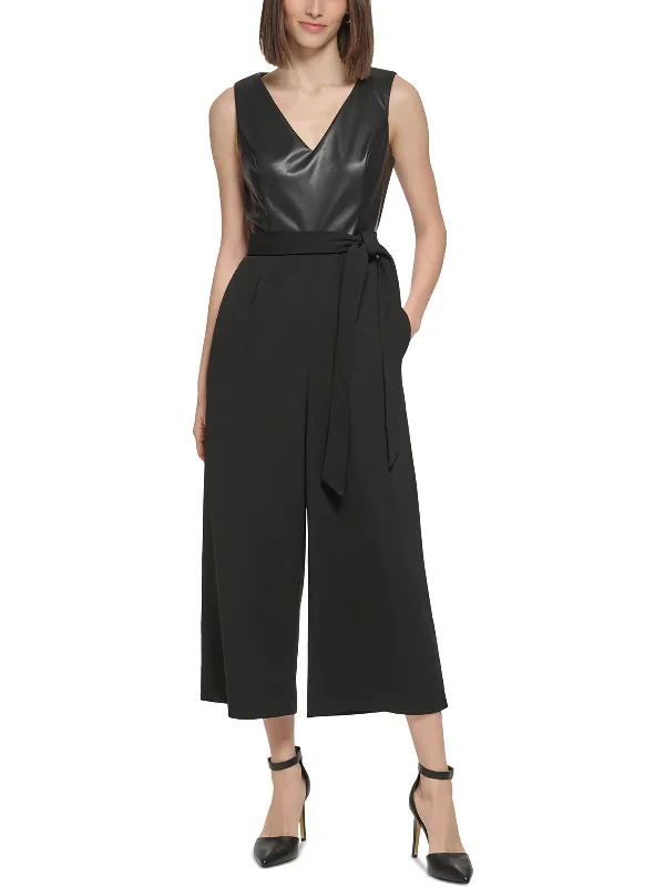 Womens Mixed Media Faux Leather Jumpsuit