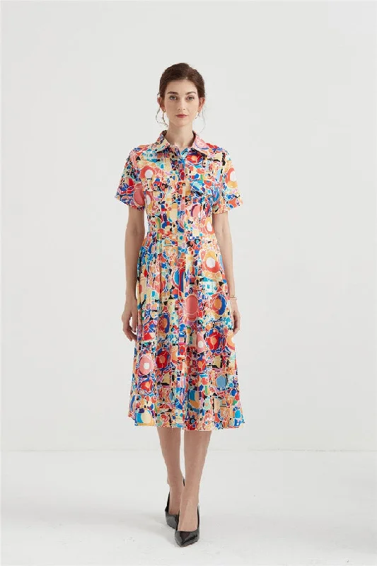 Multicolor Day A-line Shirt Colar Short Sleeve Midi Dress