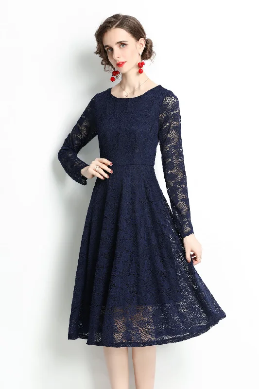 Navy Evening Lace A-line Boatneck Long Sleeve Midi Classic Dress