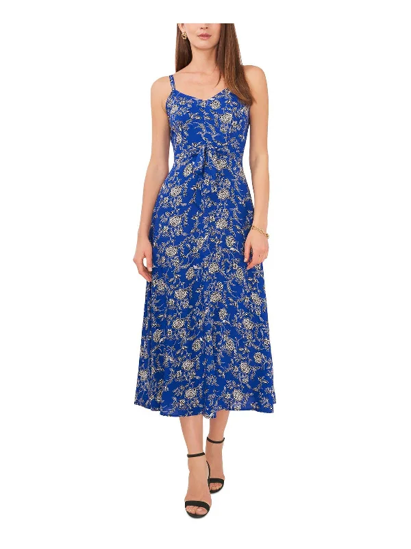 Petites Womens V-Neck Tea Midi Dress