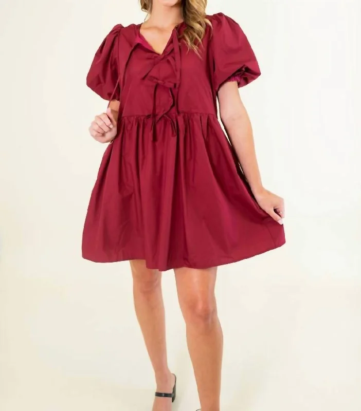 Bubble Sleeve Mini Dress In Crimson