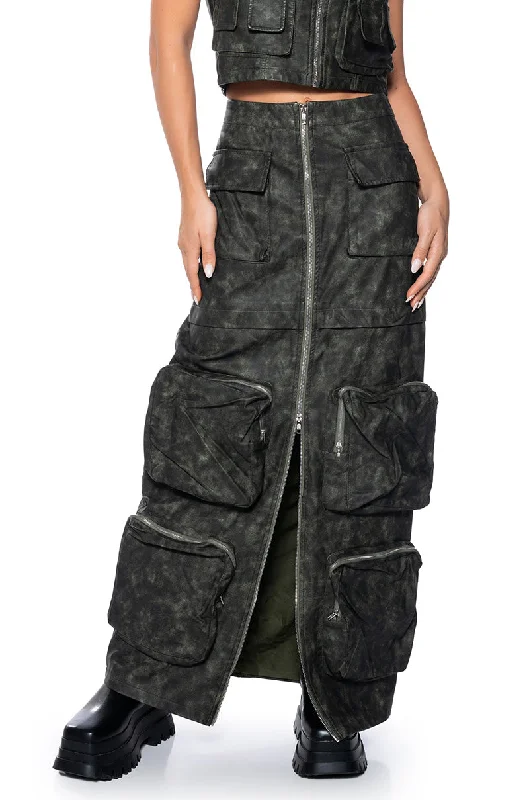 ELISIA DISTRESSED FAUX LEATHER CARGO MAXI SKIRT