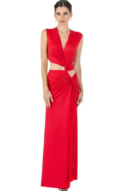 Hazel V Neck Thigh Slit Maxi Dress In Red