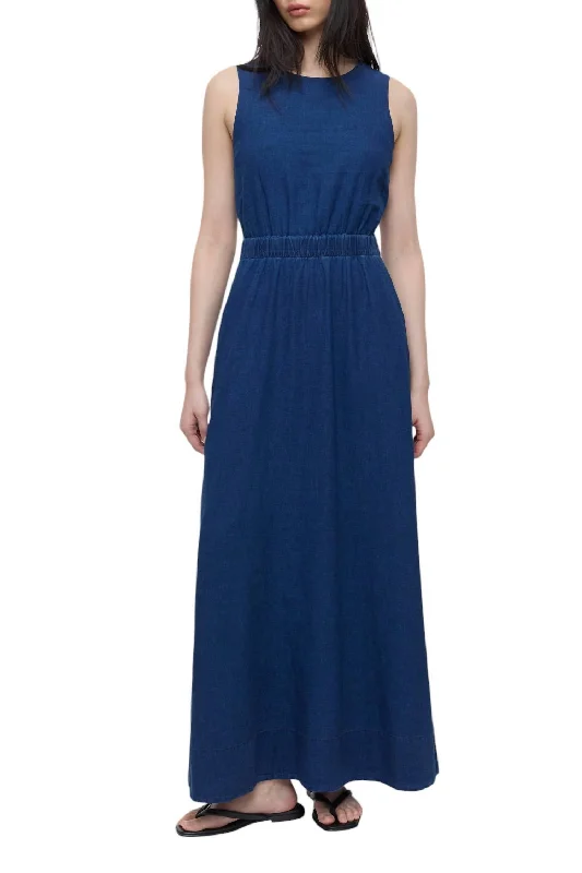 Linen-Mix Maxi Dress In Dark Blue