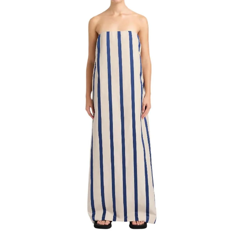 Maine Strapless Striped Maxi Dress In Navy/white