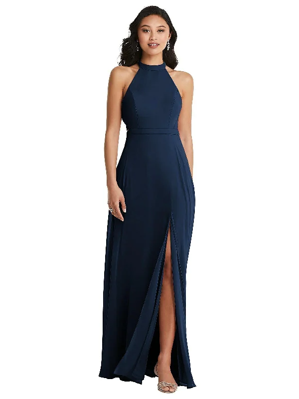 Stand Collar Halter Maxi Dress with Criss Cross Open-Back