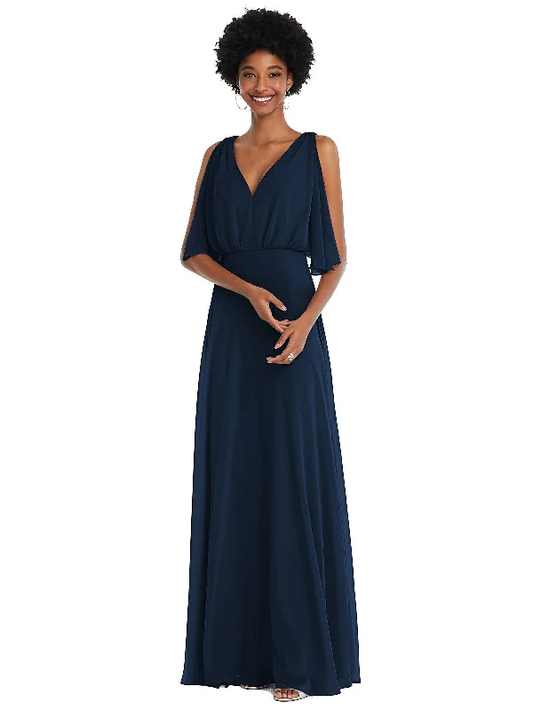 V-Neck Split Sleeve Blouson Bodice Maxi Dress