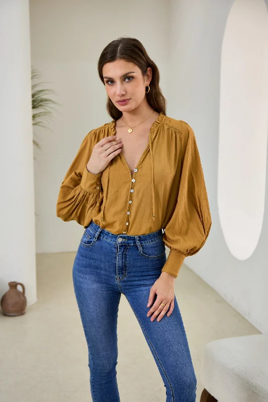 Carissa Tan Brown Balloon Sleeve Blouse