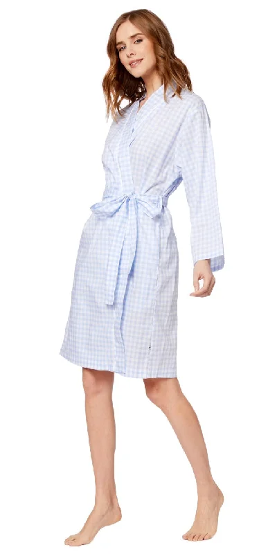 Long-Sleeve Pima Cotton Robe - Powder Blue Gingham