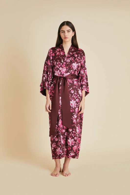 Queenie Burgundy Red Floral Robe in Silk Satin