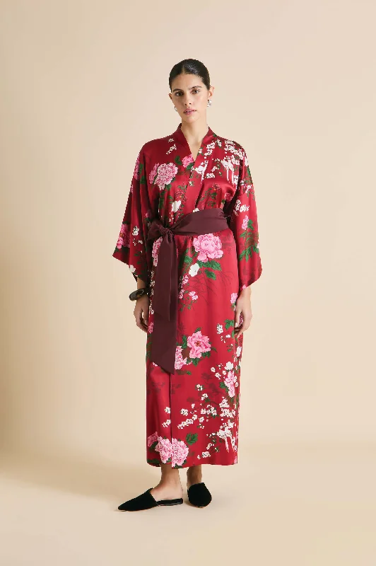 Queenie Tardieu Red Floral Robe in Silk Satin